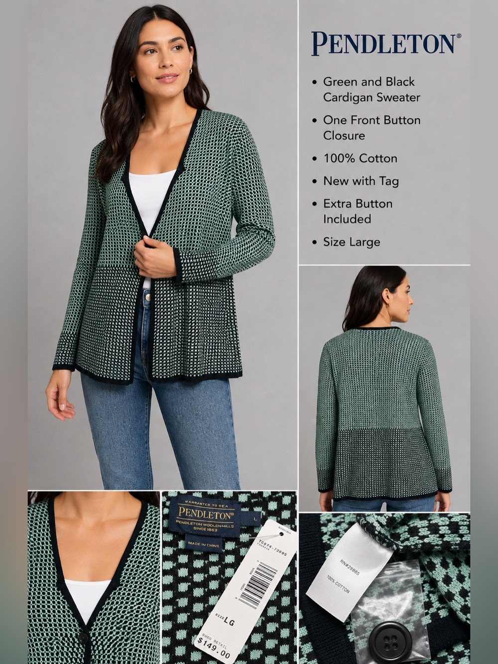 Pendleton Green Black Cotton Knit Cardigan Sweater Size L NWT
